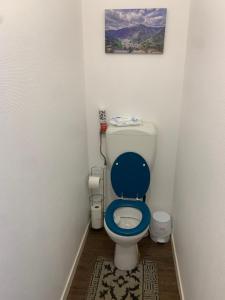 a bathroom with a blue toilet with a picture on the wall at Ma maison in Bonneuil-Matours +7 photos