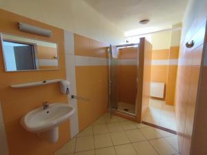 a bathroom with a sink and a shower at Leveleki Eszter Üdülő in Bánk