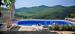 a swimming pool with a view of a mountain at Stone Villa with sea view and pool in Smokvica
