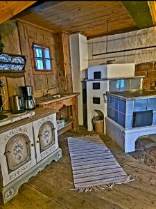 a kitchen with a stove and a stove top oven at FLICHTLHOF Hütte in Abtenau