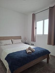 a bedroom with a bed with a blue blanket and a window at APARTAMENTO SOL PLAYA in Punta Mujeres