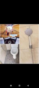 a collage of three pictures of a bathroom with a toilet at Айкол Этно Комплекс in Tong
