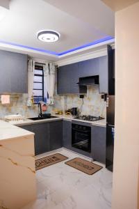 a kitchen with gray cabinets and a stove top oven at LIBERTY TOWERs in Lower Kabete