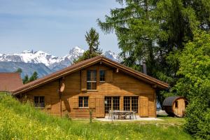 a log cabin with mountains in the background at Chalet Pierre Blanche in Nendaz