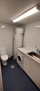a small kitchen with a washing machine and a sink at Apartment Solbakken Feriehus in Fevåg