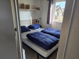 a bedroom with two beds with blue pillows at Camp Diekirch - Mobilehome Plus 4p in Gilsdorf