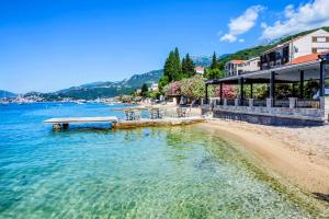 a beach with a house and the water at Apartment SM in Herceg-Novi