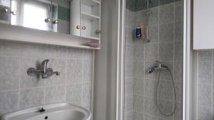 a bathroom with a sink and a shower at Penzion TGM in Příbram +75 photos