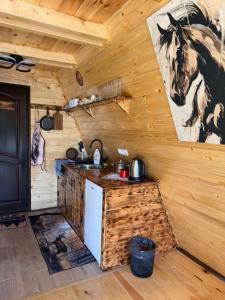 a kitchen in a cabin with a horse painting on the wall at Gradine - Katun kamp in Plav