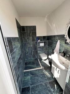 a bathroom with a shower and a sink and a toilet at Kuća za odmor Nina in Čapljina