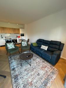 a living room with a blue couch and a rug at Silhouette Suite at Nine Palms in Cape Town