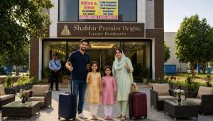 a family with luggage standing in front of a building at Shabbir Premier Heights in Lahore