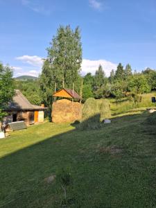a large yard with hay bales and a house at Сонячний in Slavske