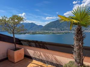 a balcony with a view of a lake and a palm tree at Orizzonte Blu by HolAp SA in Gambarogno