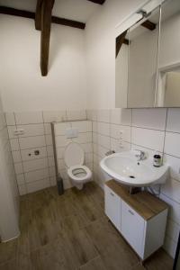 a bathroom with a white toilet and a sink at NEU! Wohnung Balkenzimmer in Alsfeld