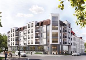 an architectural rendering of a building with people standing outside at Apartbaltic- Ventus Park 5 in Świnoujście