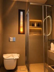 a bathroom with a shower and a toilet at Soho Residence سوهو ريزيدنس in Kuwait