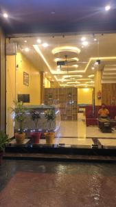 a lobby with potted plants and a man sitting on a couch at Hill Mountain Hotel in Chakarpur