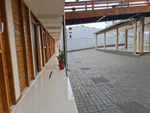 an empty hallway of a building with a potted plant at Hotel Pampa in Nova Santa Medianeira