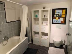 a bathroom with a bath tub and a shower at Wohnhaus am Marktplatz in Röhrnbach in Röhrnbach +44 photos