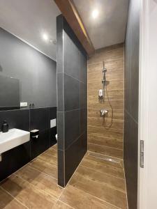 a bathroom with a shower and a sink at Apartmenthaus Zeuthen 3 in Zeuthen