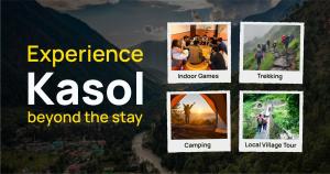 a collage of pictures with the words experience kazol beyond the sky at The Hosteller Kasol, Parvati Valley in Kasol