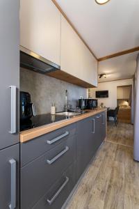 a kitchen with gray cabinets and a sink at Casa Mare Drage in Drage