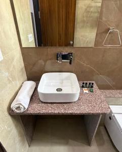 a bathroom counter with a sink and a mirror at Hotel Pratap Palace in Bharatpur