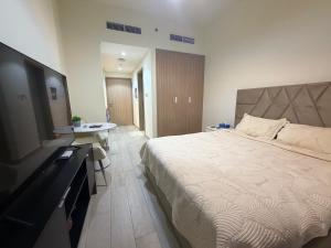 a bedroom with a large bed and a television at Azizi Riviera in Dubai