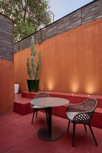 a patio with a table and two chairs and a cactus at Casa Carmen Reforma in Oaxaca City