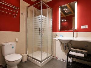 a bathroom with a shower and a toilet and a sink at Capricho Toledano, Apartamento con terraza en el centro histórico in Toledo