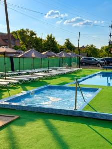a swimming pool with grass and umbrellas at Aqua Hotel in Solotvyno