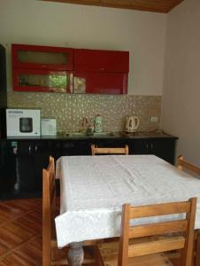 a kitchen with a table and a kitchen with red cabinets at Gora Babilina in Gordi