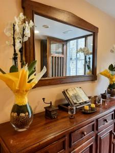 a dresser with a mirror and a vase with flowers on it at Hostal Bil in Salduero