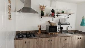 a kitchen counter with a microwave and a sink at Villa las rosas in Agaete +13 photos