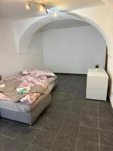 a bedroom with a bed in a room with an archway at Thomas in Judenburg +3 photos