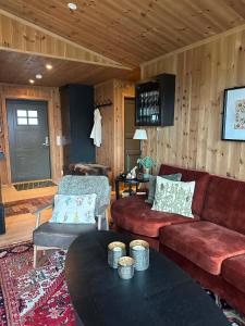 a living room with a couch and a table at Harevadet 221 in Volda