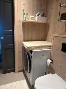 a washing machine in a bathroom with a toilet at Harevadet 221 in Volda +6 photos