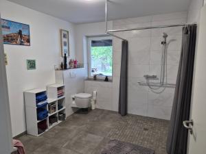 a bathroom with a shower and a toilet at Ferienhaus "Pusteblume" - Entspannen in Weiterode in Bebra +19 photos