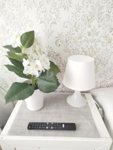 a table with a lamp and a vase of flowers on it at Pensión Vegadeo GIJÓN in Gijón