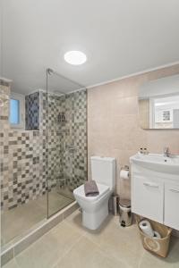 a bathroom with a toilet and a glass shower at Aegean Beachfront Suites in Andros +15 photos