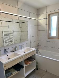 a bathroom with a sink and a tub and a mirror at Gîte Chez Paddy in Ladoix Serrigny