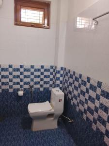 a bathroom with a toilet and a checkered wall at The Bagh Village Resort & Spa in Sawāi Mādhopur +33 photos