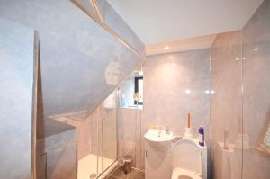 a bathroom with a toilet and a sink and a shower at The Smithy at 52 Vatisker in Stornoway +14 photos