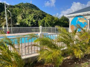a swimming pool with a fountain in front of a building at Résidence Fleur de Café - Petite Terre in Deshaies