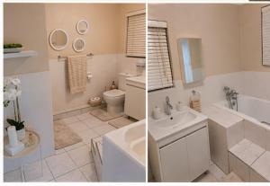 two pictures of a bathroom with a sink and a toilet at The Olive Branch - Abbotsford in Dorchester Heights 
