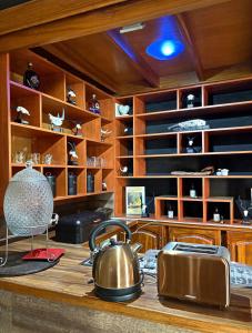 a kitchen with a tea kettle on a wooden counter at Nguni Gaste Huis in Mooinooi