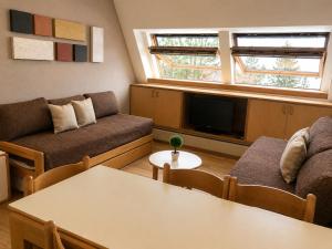 a living room with a couch and a table at Departamento Boutique Las Leñas ATENAS in Las Lenas