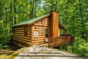 a log cabin in the woods with a walkway at Bearadise in Townsend