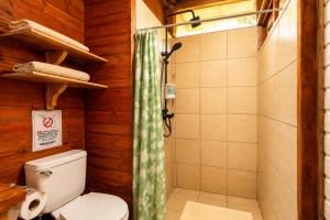a bathroom with a toilet and a shower at Cabañas Bella Vista in Hojancha